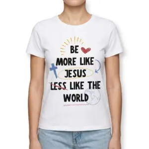 Be More Like Jesus Christian Faith T-Shirt 9 Detailed view of t-shirt design with Christian symbols and text.