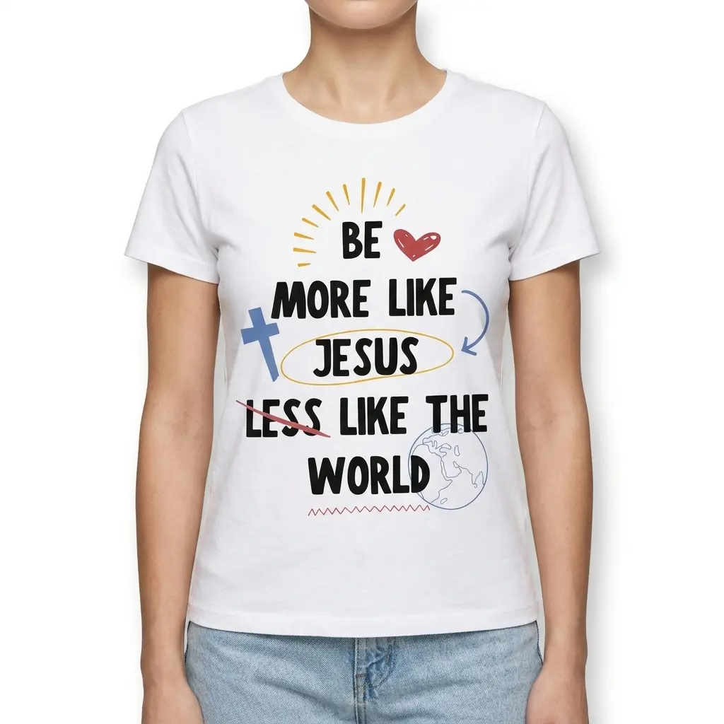 Detailed view of t-shirt design with Christian symbols and text.