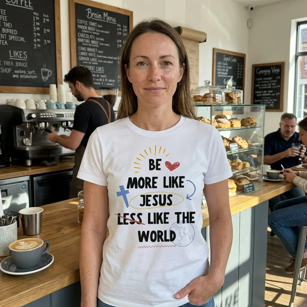 Model wearing a 'Be More Like Jesus' faith t-shirt in a casual setting.