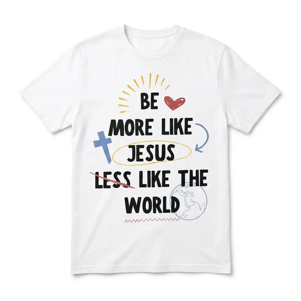 White t-shirt with 'Be More Like Jesus' design featuring heart, cross, and globe icons.