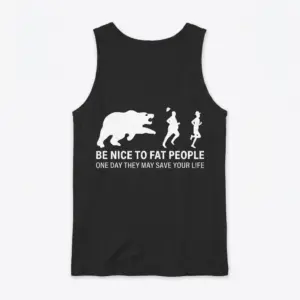 Back view of a black tank top featuring the white bear chasing runners silhouette graphic and humorous text.