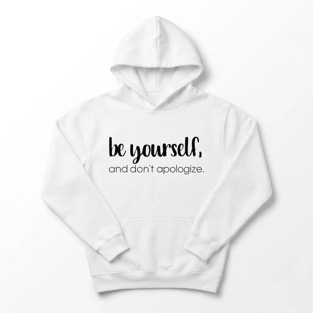 Be Yourself Minimalist Inspirational T-Shirt 2 Close-up of the upper left side of the white t-shirt, showing the start of the 'be yourself' phrase and shoulder.