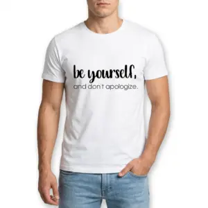 Be Yourself Minimalist Inspirational T-Shirt 8 Close-up of the upper right side of the white t-shirt, showing the end of 'yourself,' the collar, and sleeve.