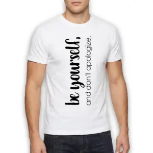 Be Yourself Minimalist Inspirational T-Shirt 10 Close-up of the lower right side of the white t-shirt, highlighting the bottom hem and right sleeve edge.
