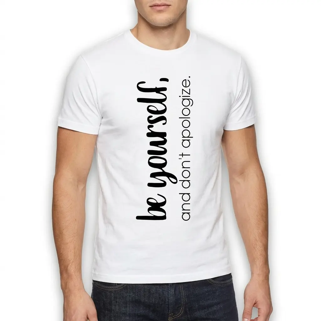 Be Yourself Minimalist Inspirational T-Shirt 5 Close-up of the lower right side of the white t-shirt, highlighting the bottom hem and right sleeve edge.