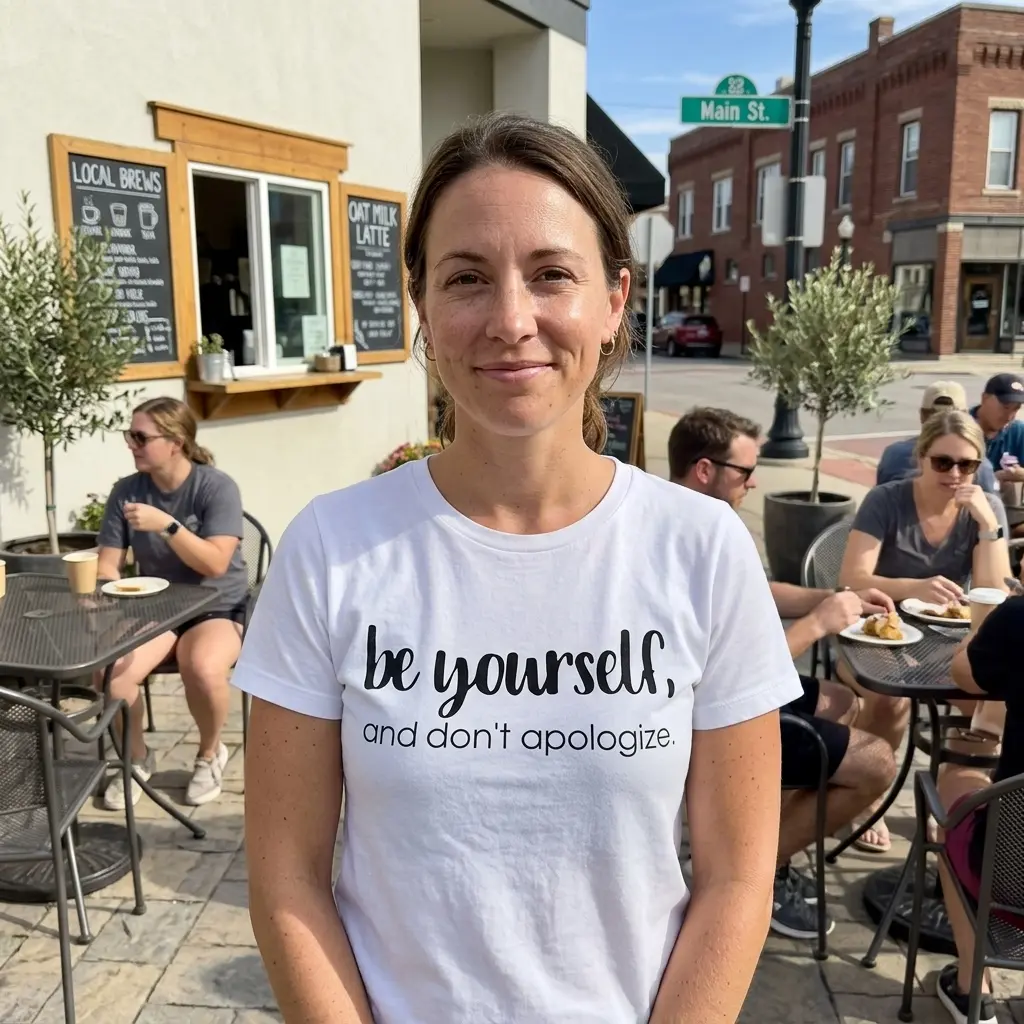 Be Yourself Minimalist Inspirational T-Shirt 6 Minimalist white t-shirt featuring the inspirational quote 'be yourself, and don't apologize.' prominently displayed on the front.