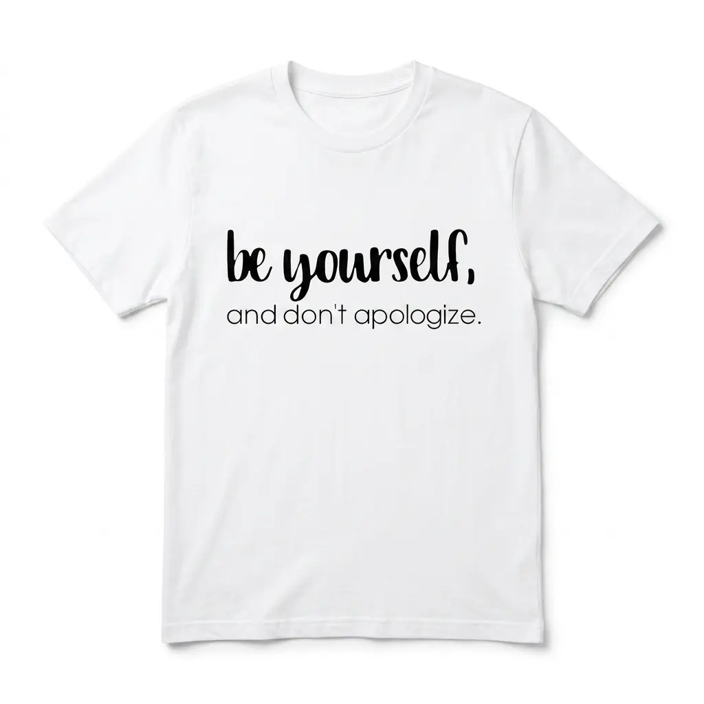 Be Yourself Minimalist Inspirational T-Shirt 1 White 'Be Yourself' t-shirt with the phrase 'be yourself, and don't apologize.' in black script on the front.