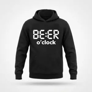 Beer O'Clock Funny Drinking Tank Top 8 Flat lay of a black hoodie displaying the white digital clock style BE:ER o'clock graphic on the front chest.