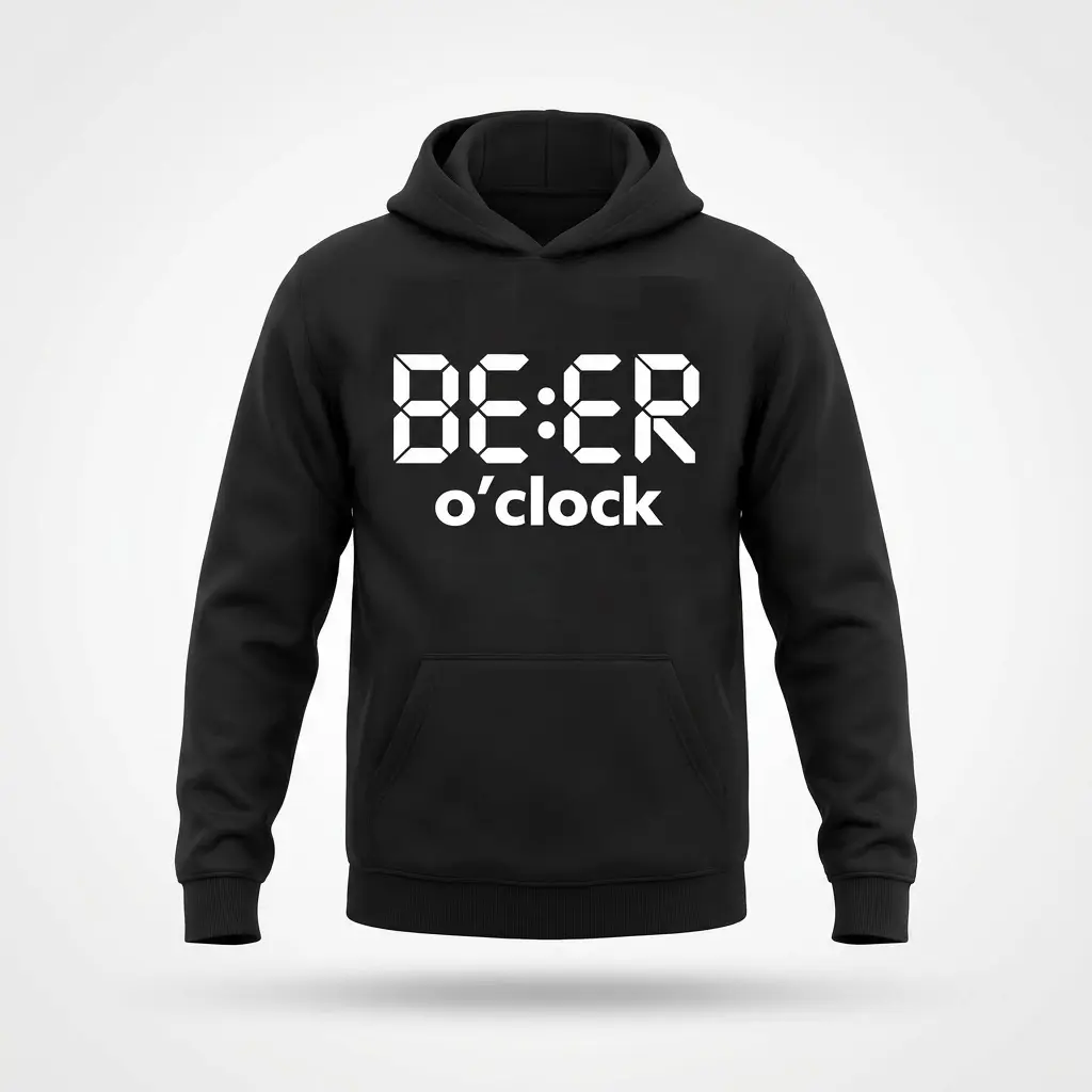 Flat lay of a black hoodie displaying the white digital clock style BE:ER o'clock graphic on the front chest.