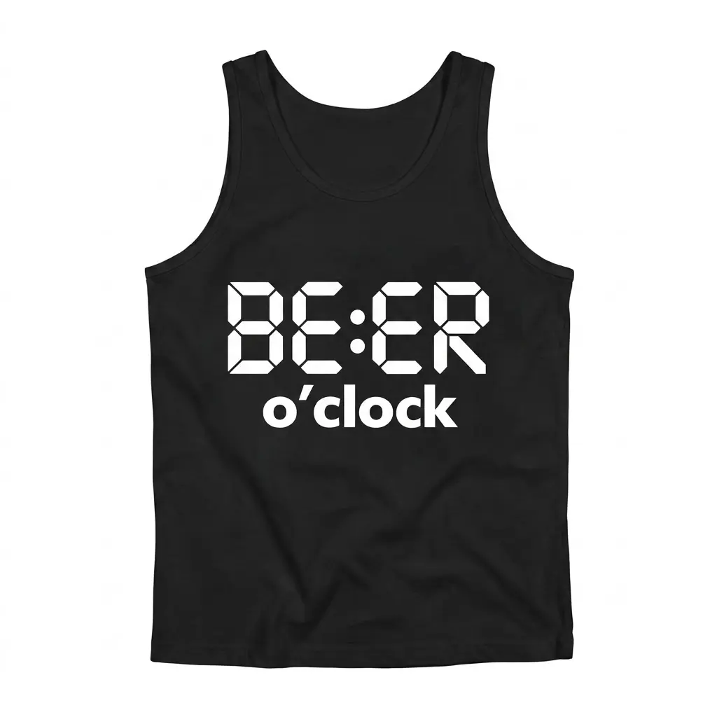 Flat lay of a black tank top showing the white digital clock style BE:ER o'clock design printed on the front.