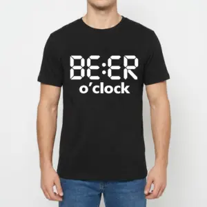 Beer O'Clock Funny Drinking Tank Top 9 Front view of a man wearing the black beer o'clock shirt with the white digital clock display design.