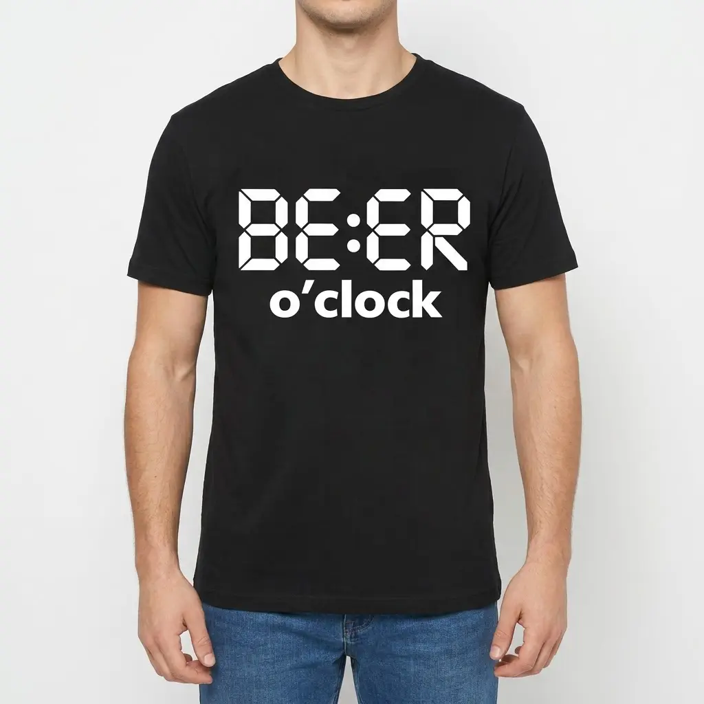 Front view of a man wearing the black beer o'clock shirt with the white digital clock display design.