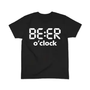 Beer O'Clock Funny Drinking Tank Top 7 Flat lay of a black beer o'clock shirt showing the white digital clock style BE:ER graphic above o'clock text on the front.