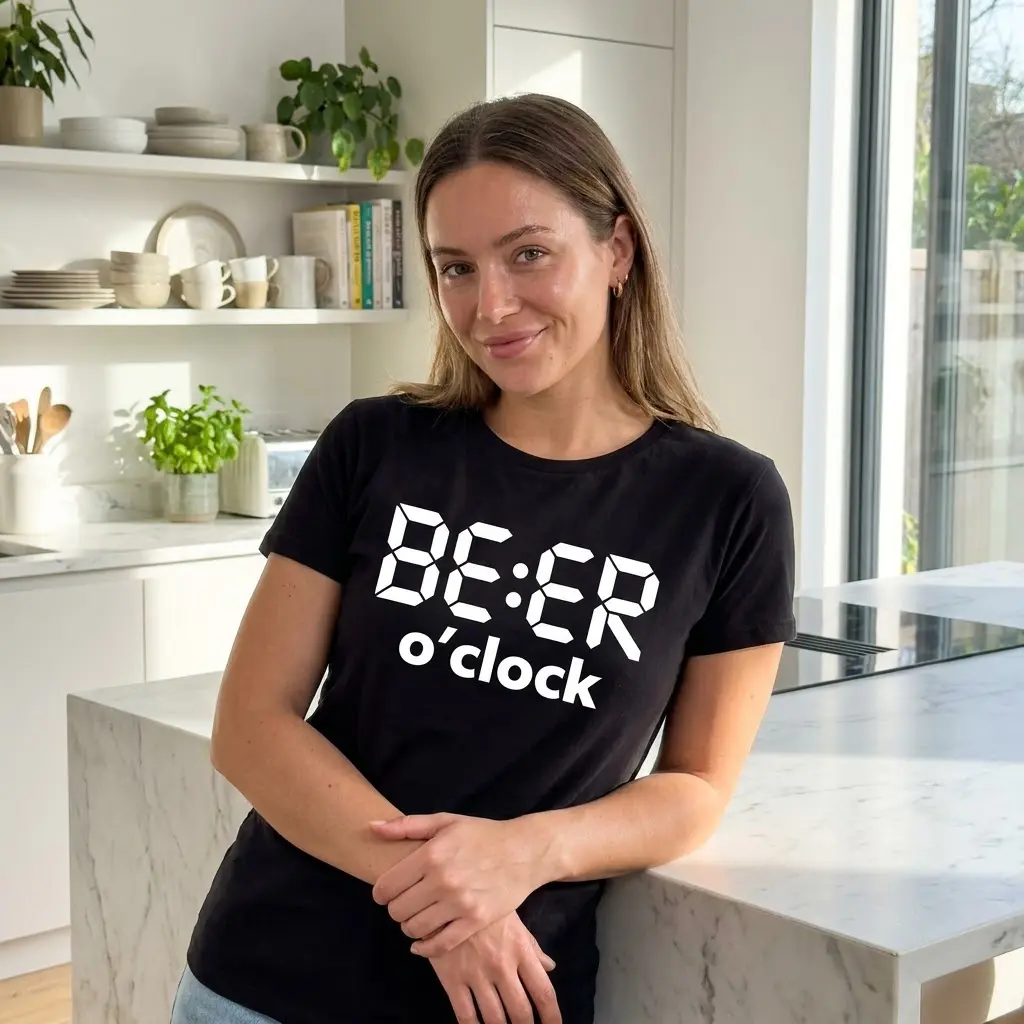 Close-up lifestyle view of the white digital clock style BE:ER o'clock graphic printed on a black shirt.
