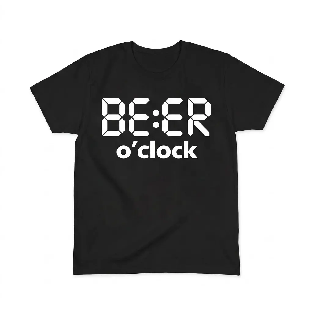 Flat lay of a black beer o'clock shirt showing the white digital clock style BE:ER graphic above o'clock text on the front.
