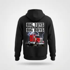 Big Toys for Big Boys Red Semi Truck T-Shirt 7 Black hoodie featuring a powerful graphic of a red semi-truck and "BIG TOYS for BIG BOYS" with lightning, flatlay back view.