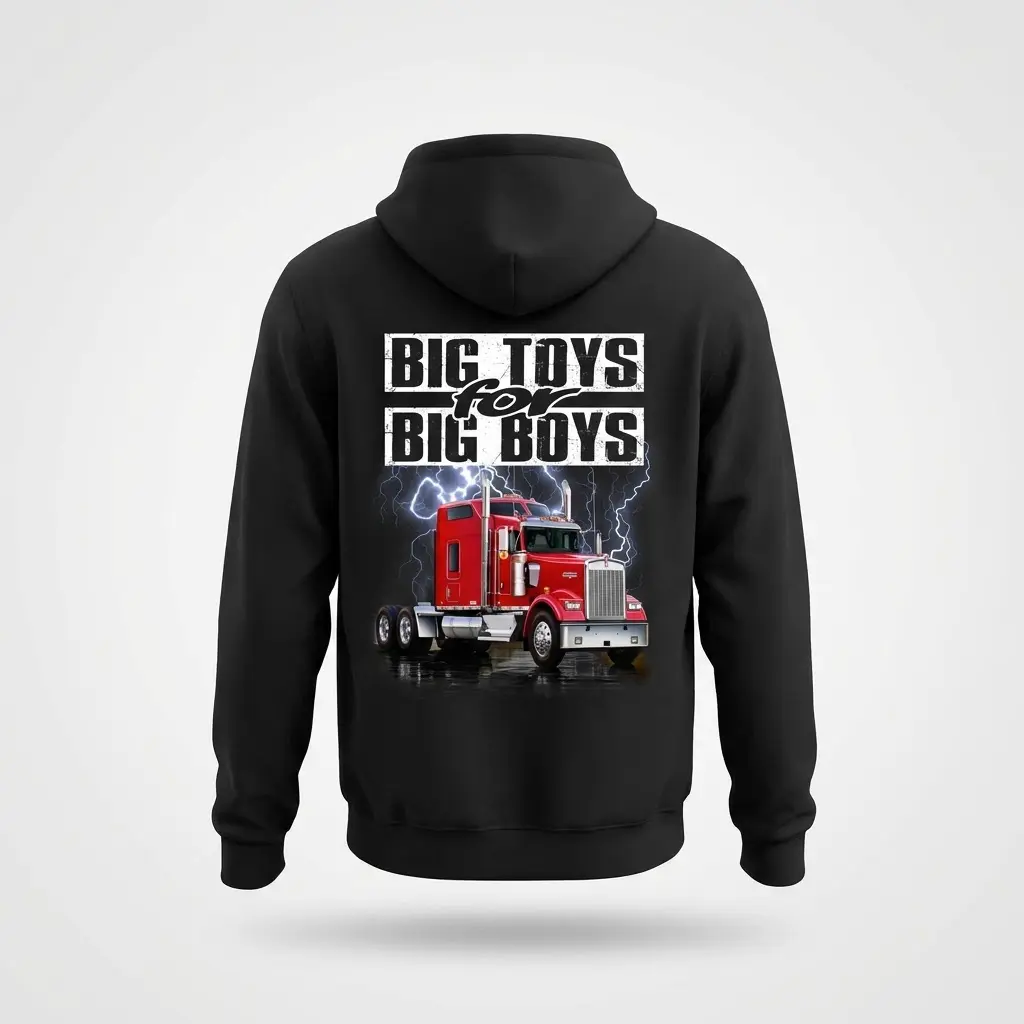 Big Toys for Big Boys Red Semi Truck T-Shirt 2 Black hoodie featuring a powerful graphic of a red semi-truck and "BIG TOYS for BIG BOYS" with lightning, flatlay back view.