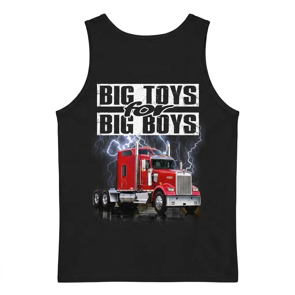 Big Toys for Big Boys Red Semi Truck T-Shirt 3 Black tanktop back displaying "BIG TOYS for BIG BOYS" text and a bold red semi-truck design, flatlay view.