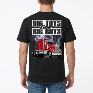 Big Toys for Big Boys Red Semi Truck T-Shirt 9 Man wearing a black t-shirt with a "BIG TOYS for BIG BOYS" text and a red semi-truck with lightning graphic, back view.