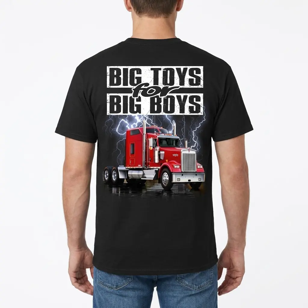 Big Toys for Big Boys Red Semi Truck T-Shirt 4 Man wearing a black t-shirt with a "BIG TOYS for BIG BOYS" text and a red semi-truck with lightning graphic, back view.