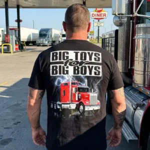 Big Toys for Big Boys Red Semi Truck T-Shirt 10 Bold trucker-style black t-shirt for big rig fans, featuring a red semi-truck and "BIG TOYS for BIG BOYS" lettering on the back.
