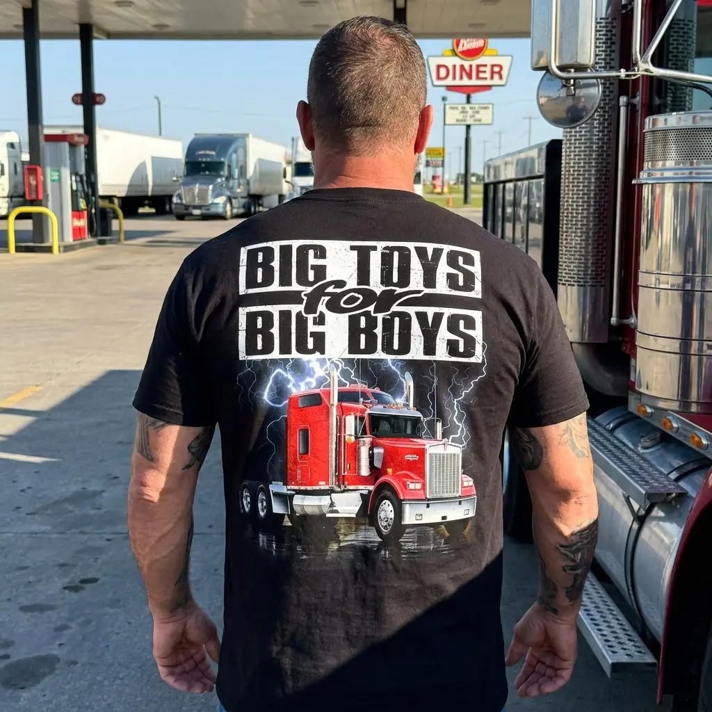 Big Toys for Big Boys Red Semi Truck T-Shirt 5 Bold trucker-style black t-shirt for big rig fans, featuring a red semi-truck and "BIG TOYS for BIG BOYS" lettering on the back.