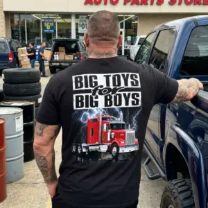 Big Toys for Big Boys Red Semi Truck T-Shirt 11 Black t-shirt, celebrating diesel power, with a detailed red semi-truck and "BIG TOYS for BIG BOYS" garage-style graphic.