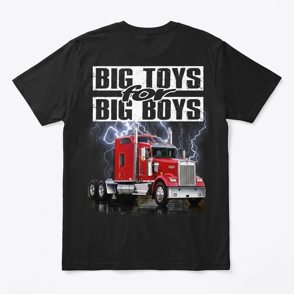 Big Toys for Big Boys Red Semi Truck T-Shirt 1 Black t-shirt with "BIG TOYS for BIG BOYS" text above a red semi-truck and lightning bolts, flatlay back view.