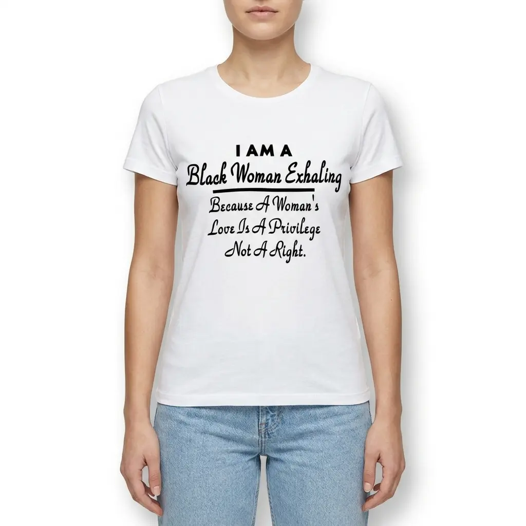 Black Woman Exhaling Love Is A Privilege T-Shirt 4 Detailed front view of the short-sleeved t-shirt, emphasizing the bold "Black Woman Exhaling" graphic.