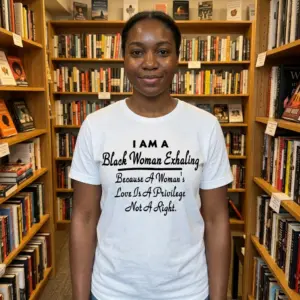 Black Woman Exhaling Love Is A Privilege T-Shirt 11 A cultural Black Woman Exhaling t-shirt displayed as a product, showing its unique message and design.