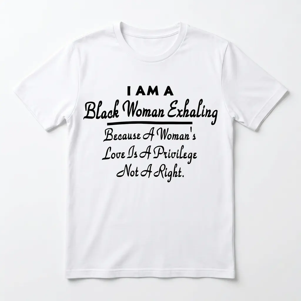 Black Woman Exhaling Love Is A Privilege T-Shirt 1 White t-shirt with "I AM A Black Woman Exhaling" and "Because A Woman's Love Is A Privilege Not A Right" in black text, front view.