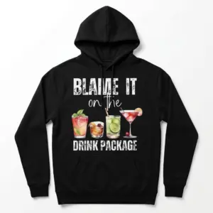 Blame It On The Drink Package Funny Cocktail T-Shirt 7 Close-up of T-shirt design featuring cocktails and humorous text.