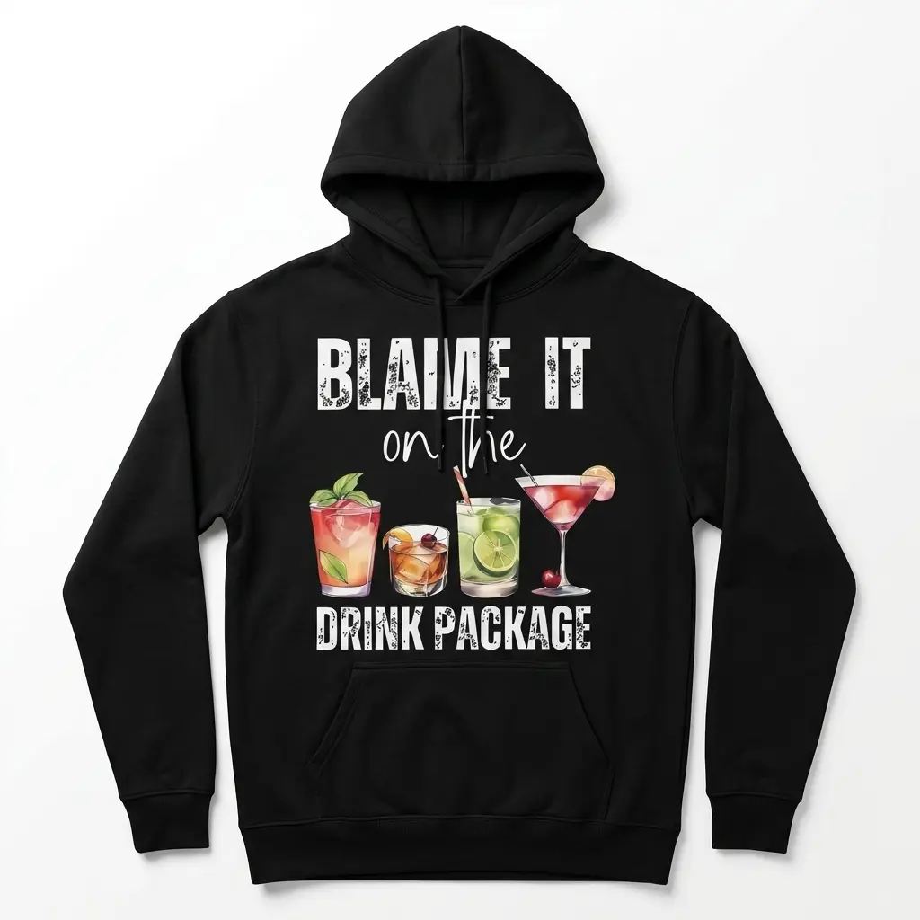 Blame It On The Drink Package Funny Cocktail T-Shirt 2 Close-up of T-shirt design featuring cocktails and humorous text.