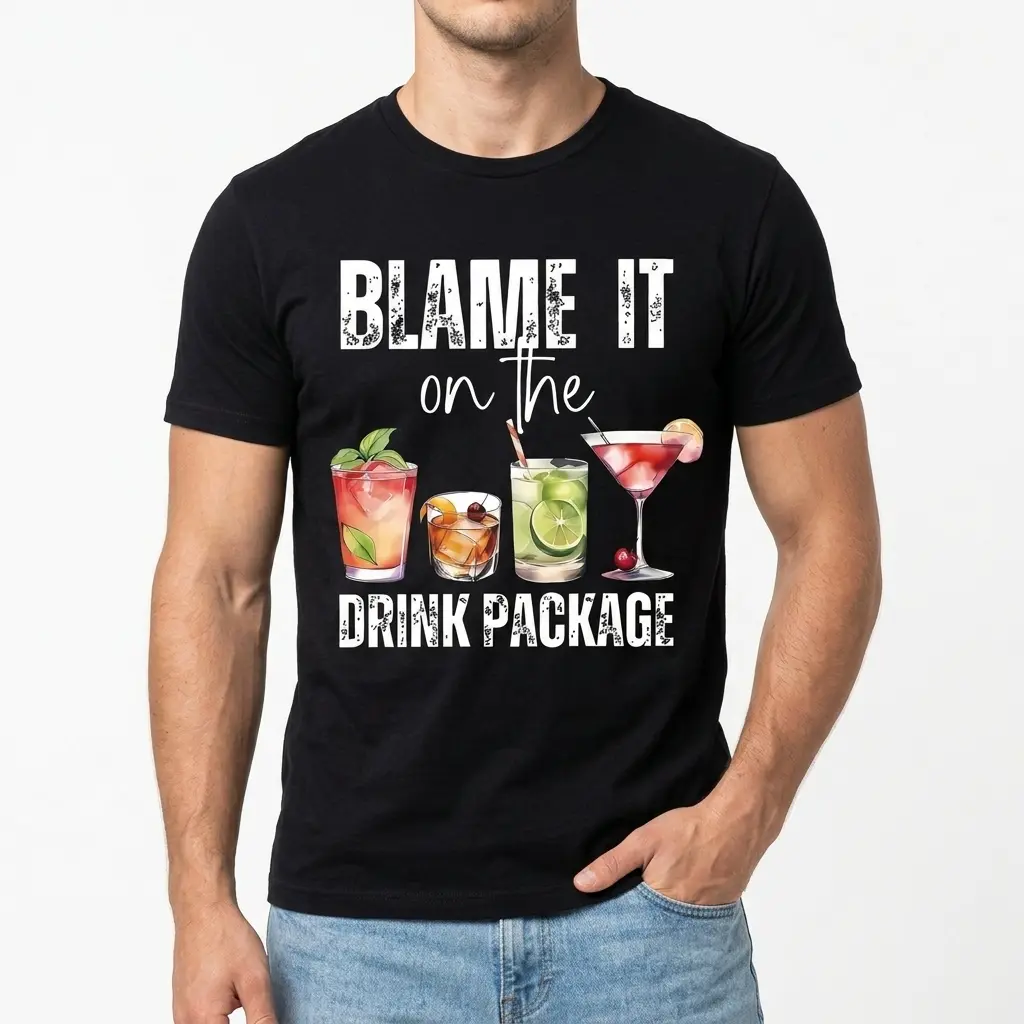 Blame It On The Drink Package Funny Cocktail T-Shirt 3 Full view of Funny Drink Package T-shirt with vibrant cocktail graphics.