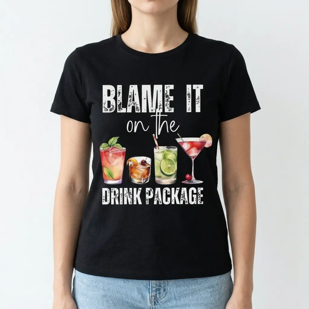 Blame It On The Drink Package Funny Cocktail T-Shirt 4 Detail of graphic T-shirt with text 'Blame It On The Drink Package' and colorful drinks.