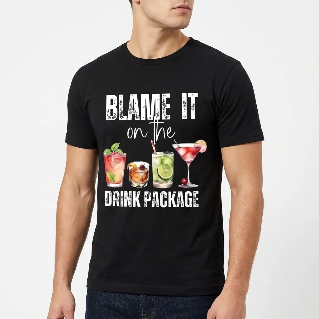 Blame It On The Drink Package Funny Cocktail T-Shirt 5 Humorous cocktail-themed T-shirt design on a black background.