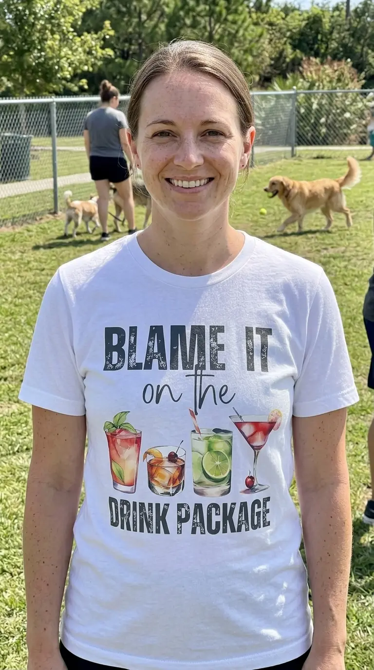 Blame It On The Drink Package Funny Cocktail T-Shirt 6 Person wearing black T-shirt with cocktail illustrations in a casual setting.