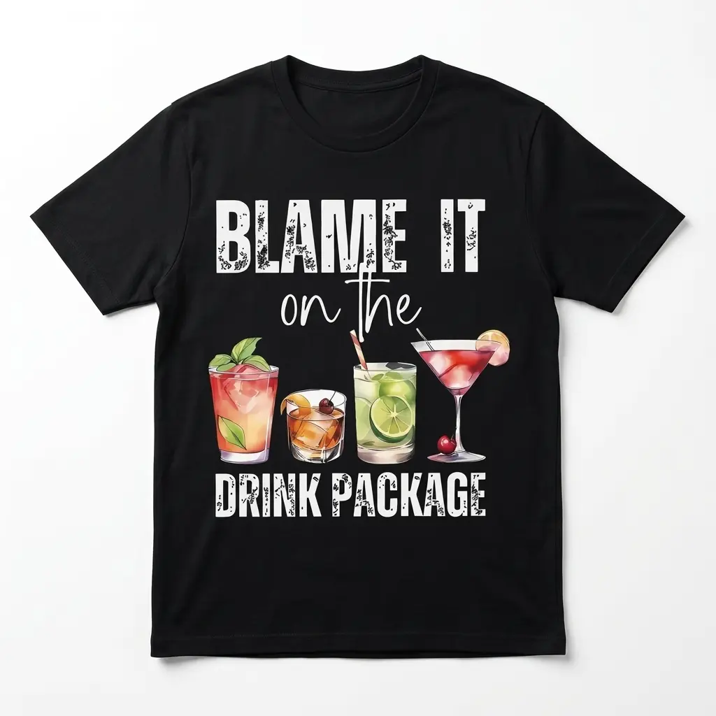 Blame It On The Drink Package Funny Cocktail T-Shirt 1 Black T-shirt with 'Blame It On The Drink Package' and cocktail illustrations.