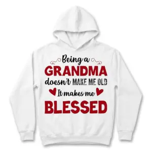 Blessed Grandma Funny Graphic T-Shirt 7 Close-up of the upper left side of the white t-shirt, showing parts of "Being a GRANDMA" with flourishes.
