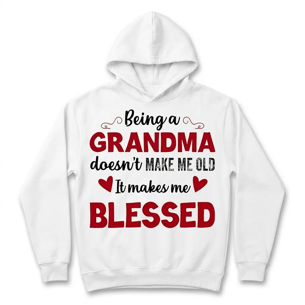Close-up of the upper left side of the white t-shirt, showing parts of "Being a GRANDMA" with flourishes.