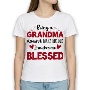 Blessed Grandma Funny Graphic T-Shirt 9 Detailed view of the lower left portion of the white t-shirt with "It makes me BLESSED" and a red heart.