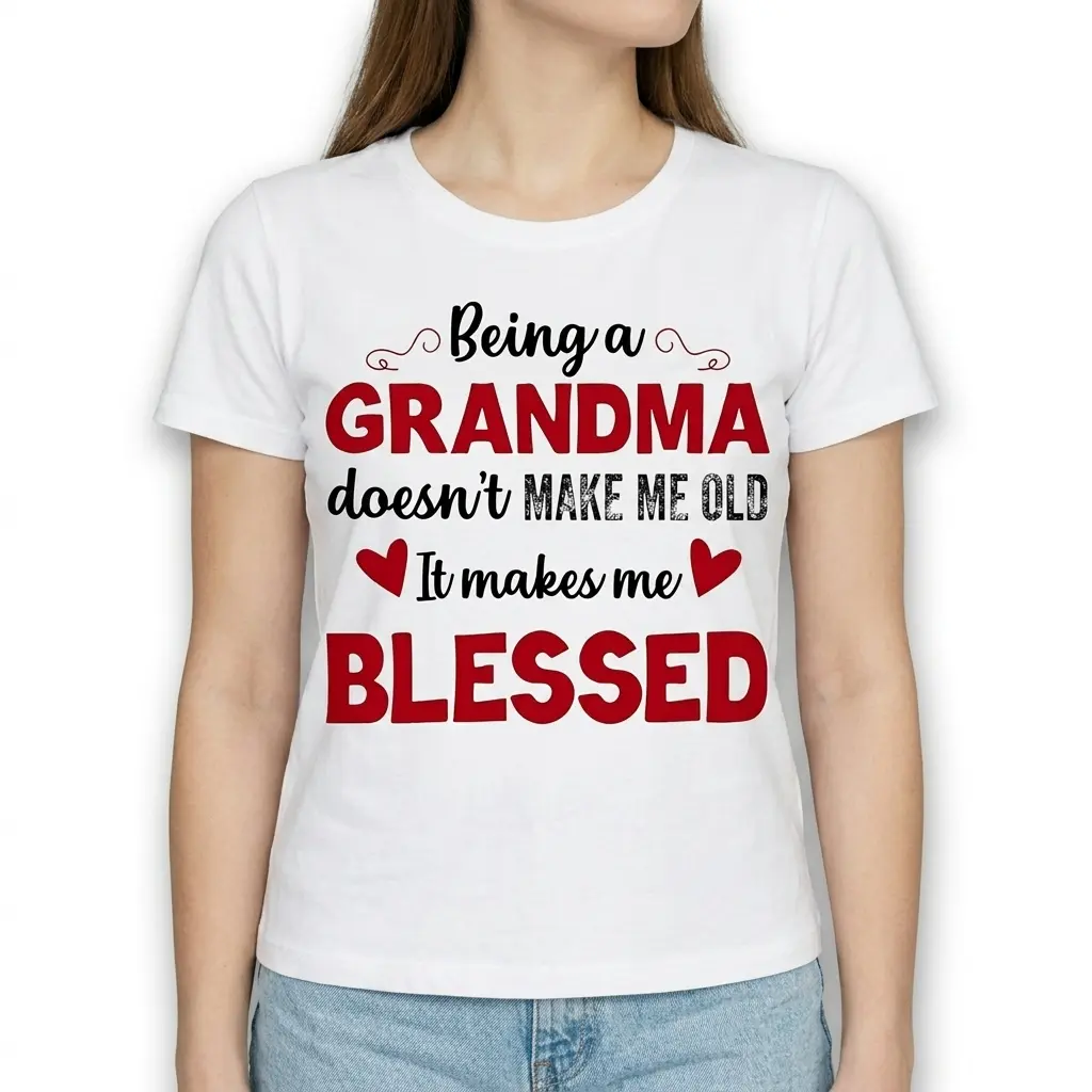 Detailed view of the lower left portion of the white t-shirt with "It makes me BLESSED" and a red heart.