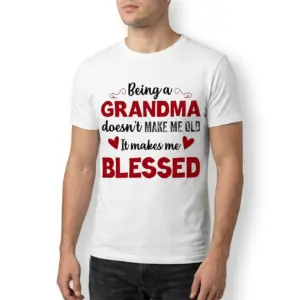 Blessed Grandma Funny Graphic T-Shirt 10 Detailed view of the lower right portion of the white t-shirt, featuring "It makes me BLESSED" and a red heart.