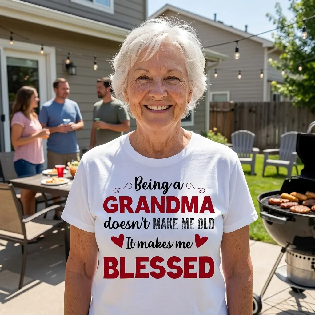 Full front display of the white Grandma shirt, declaring "Being a GRANDMA doesn't MAKE ME OLD It makes me BLESSED" in bold and script fonts.