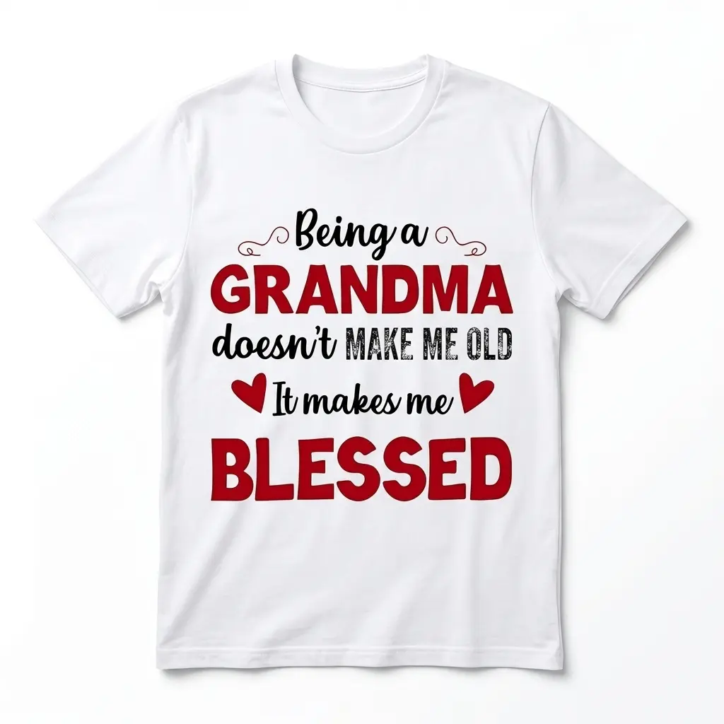 Front view of a white t-shirt featuring the black and red text "Being a GRANDMA doesn't MAKE ME OLD It makes me BLESSED".