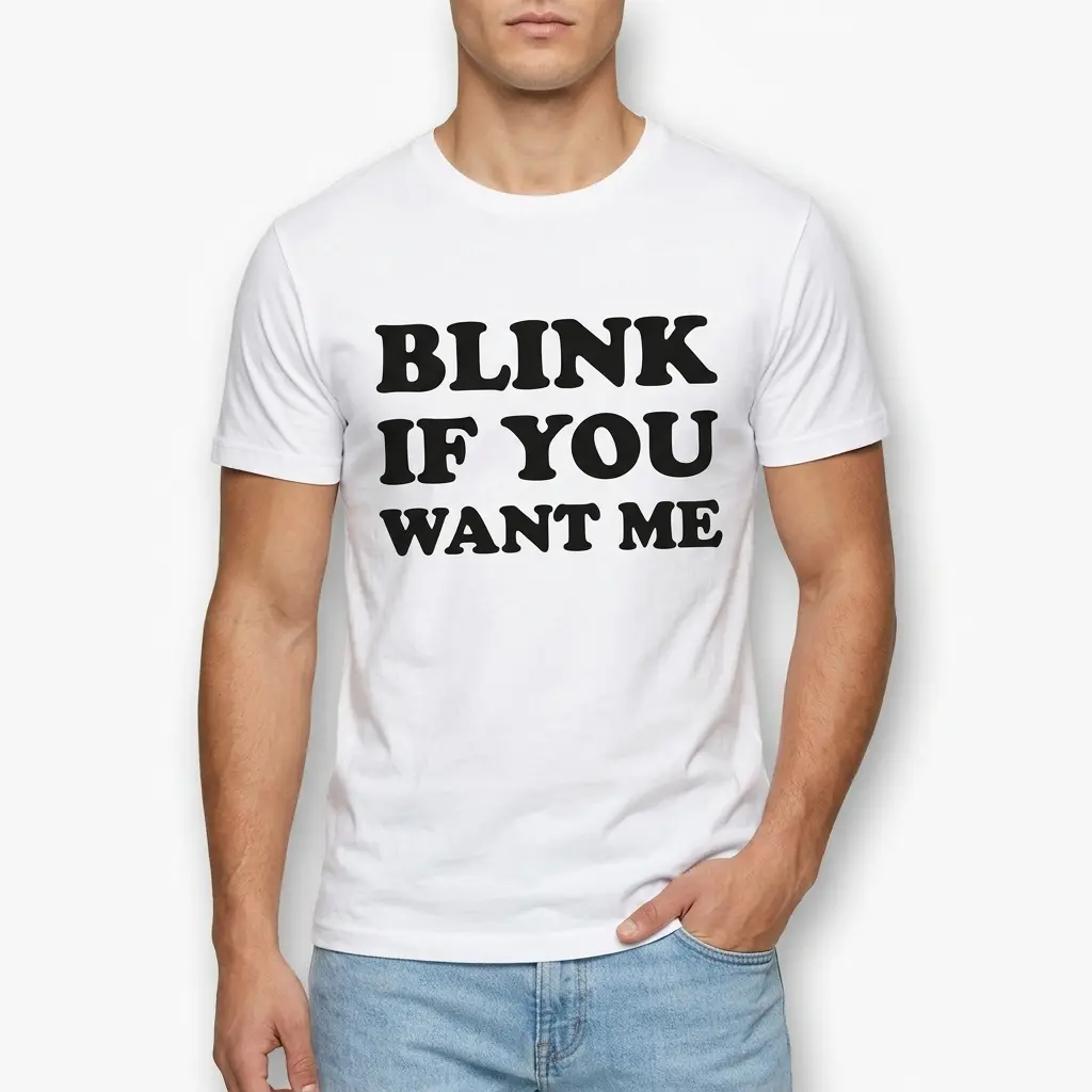 Blink If You Want Me Funny Flirty T-Shirt 3 Detailed mockup showcasing 'Blink If You Want Me' print.
