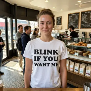 Blink If You Want Me Funny Flirty T-Shirt 11 Casual shot of the 'Blink If You Want Me' T-shirt worn outside.