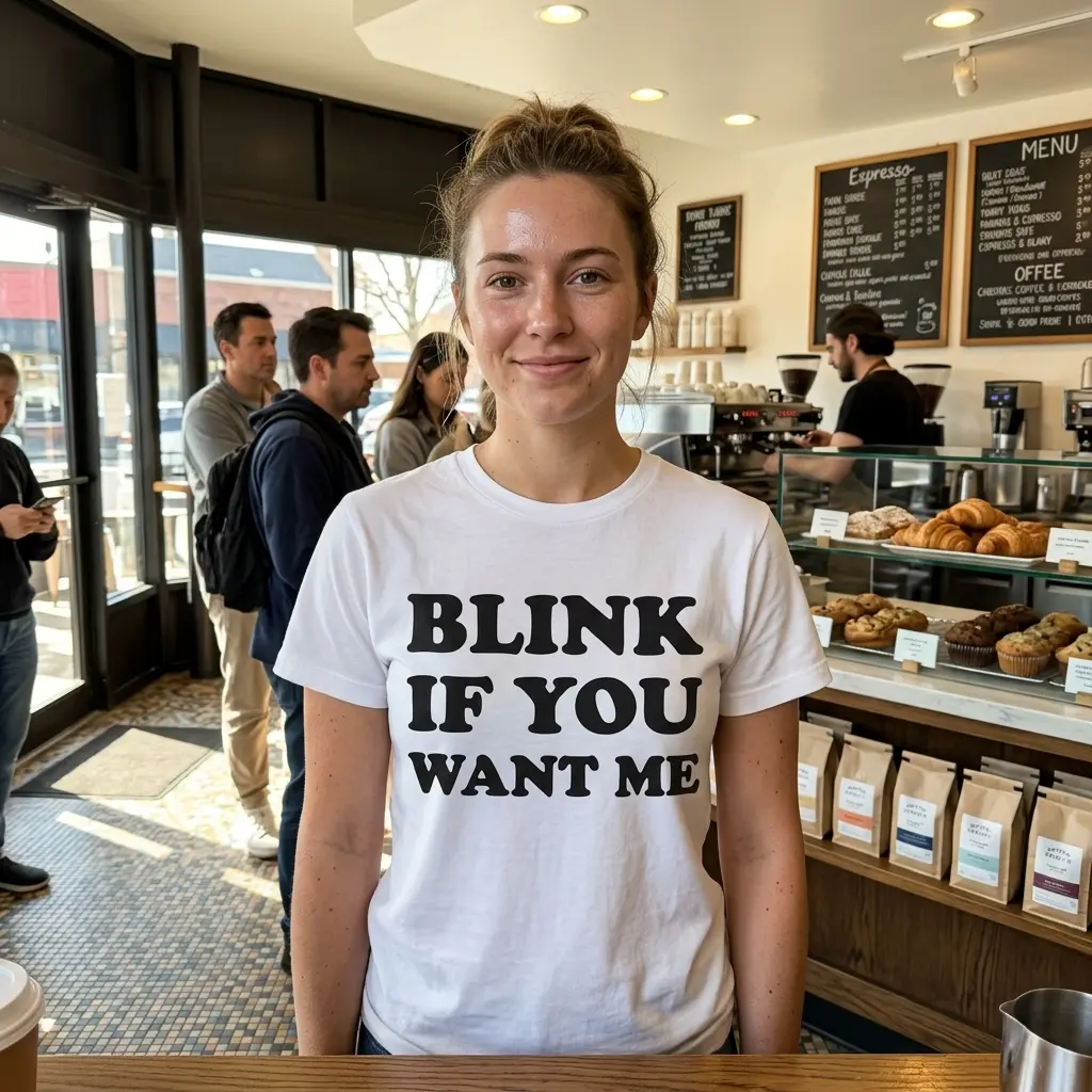 Blink If You Want Me Funny Flirty T-Shirt 6 Casual shot of the 'Blink If You Want Me' T-shirt worn outside.