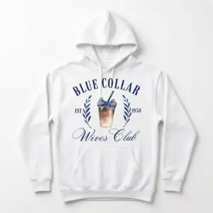 Blue Collar Wives Club Iced Coffee T-Shirt 7 Flat lay of white T-shirt displaying 'Blue Collar Wives Club' iced coffee design.