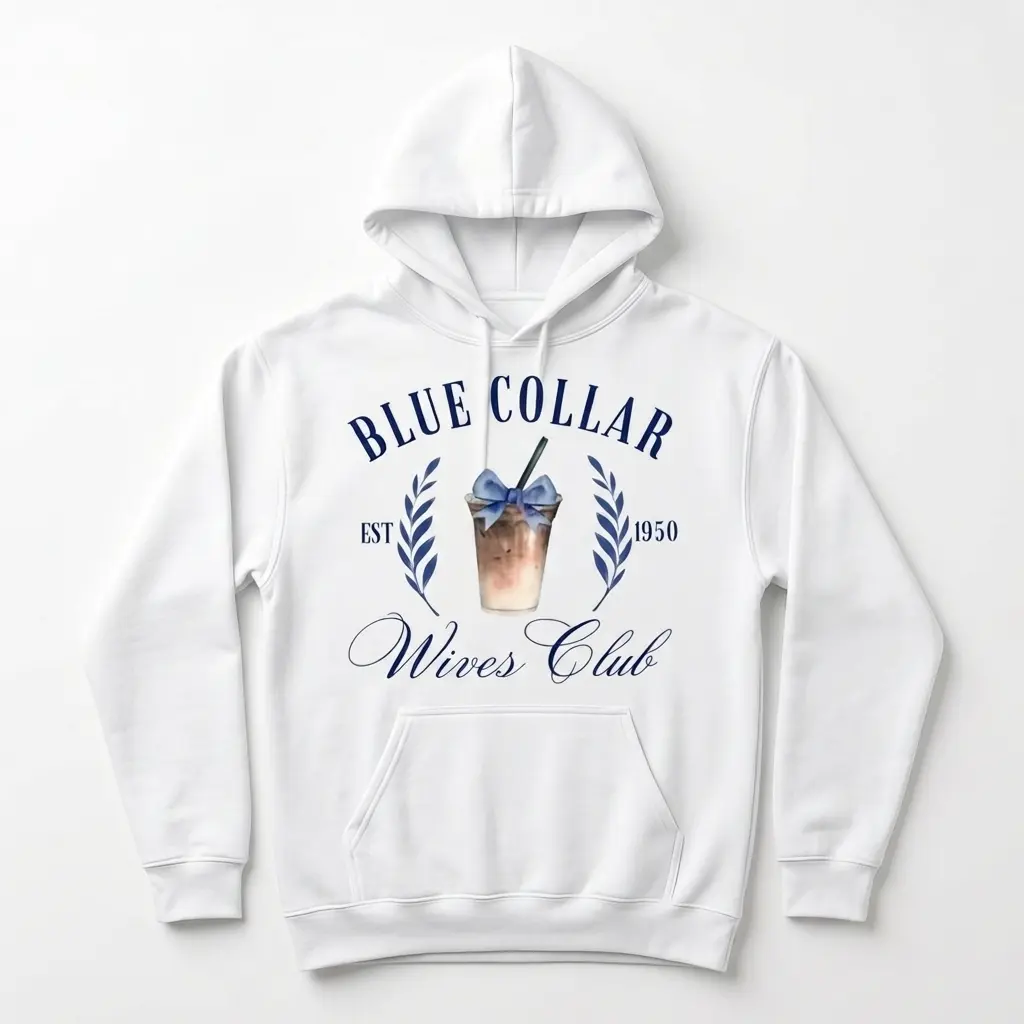 Blue Collar Wives Club Iced Coffee T-Shirt 2 Flat lay of white T-shirt displaying 'Blue Collar Wives Club' iced coffee design.